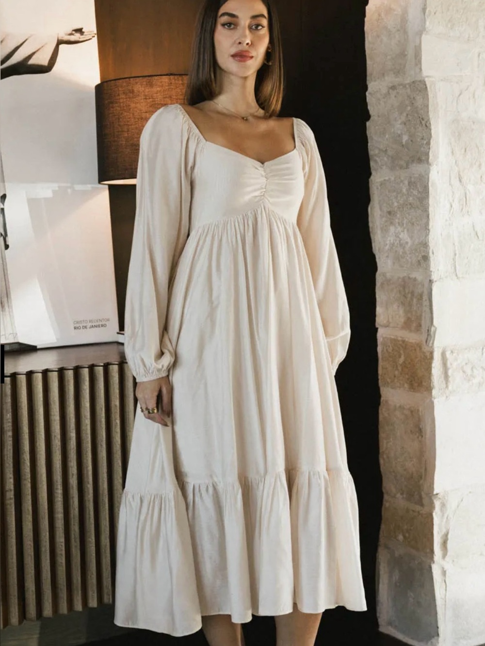 bohme Cream Long-Sleeve Tiered Midi Dress